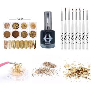 GUAPÀ - Nail Art Glitter Poeder Nagellak & Penselen Set - Goud Nagel Versiering + Zwarte Nagellak