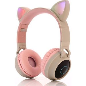 TDR- Draadloze Bluetooth koptelefoon - Over-Ear Koptelefoon voor Kinderen - Met Led Kat Oortjes - Bekend van TikTok -  roze grijs