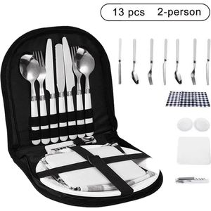 TDR- Picknick set - kamperen set - camping servies - voor 2 personen ( 2x mes, vork en lepel, 2 borden, kurkentrekker, placemat, picknick kleed)