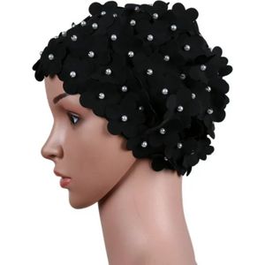 Winkrs | Zwarte Bloemetjes Badmuts | Douche accessoire, haarbedekking, douchecap, zwemmen