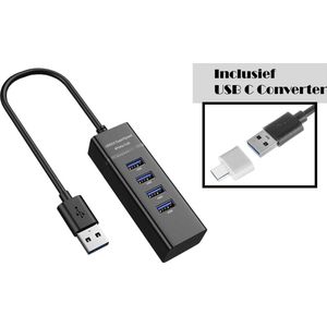 USB 3.0 Hub met 4 Poorten | Snelle Dataoverdracht | Inclusief USB C Converter | USB Splitter | Zwart | Efficiënt Multi-Device Laden & Connectiviteit | Met Blauwe LED-indicator Signaleert