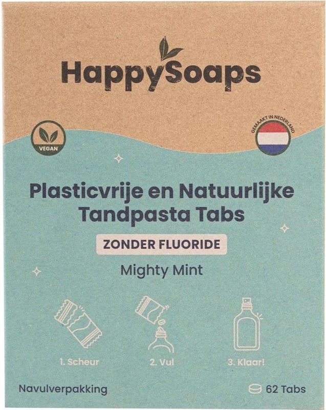 HappySoaps Tandpasta tabs zonder fluoride navulverpakking 62 tabletten