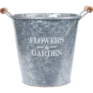 Metalen emmer/plantenpot zilver met houten handvat 14 liter D24 x H25 cm - Tuindecoratie - Bloememmer/bloembak/plantenbak