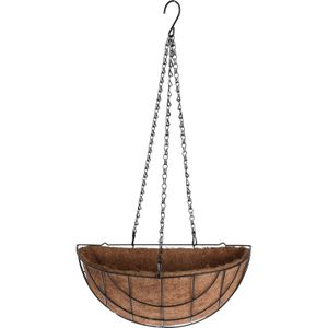 Metalen hanging basket / plantenbak halfrond zwart met ketting 37 cm inclusief kokosinlegvel - Hangende bloemen