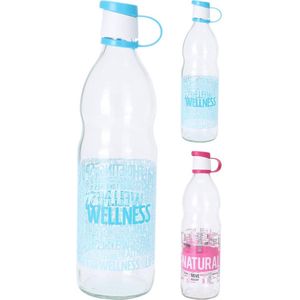 Fles glas 1l met tekst in roze of blauw blauw Glas Excellent Houseware Schenkkan