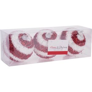 Home & Styling Kerstballen - 3 ST - rood / wit - gedecoreerd - kunststof - 8 cm