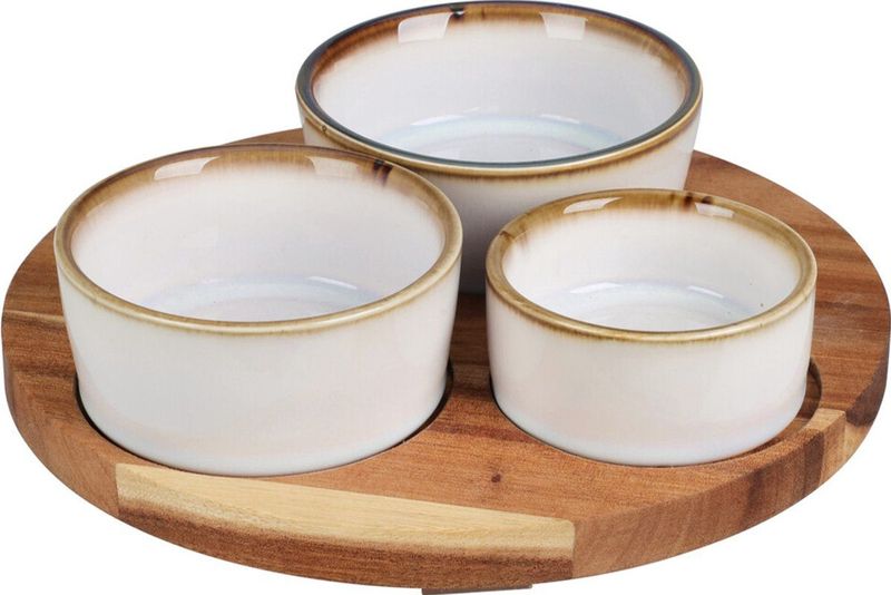 Excellent Houseware Serveerplank - acacia hout - D20 cm - incl. 3x schaaltjes