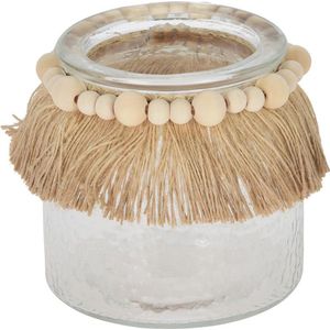 Windlicht glas met rietkraag en kralen 11cm transparant Glas CosyDecor Waxinelichtjeshouder