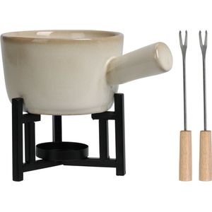 Excellent Houseware Kaasfondue setje met houder - porselein - beige/zwart - incl. 2 vorken