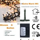 Microcluster Kerstverlichting- 1500 led - 30m - extra warm wit -Timer - Lichtfuncties-Geheugen -Buiten