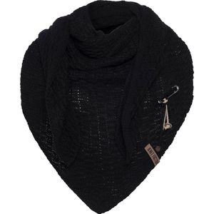 Knit Factory Jaida Gebreide Omslagdoek - Driehoek Sjaal Dames - Dames sjaal - Wintersjaal - Stola - Wollen sjaal - Zwart - 190x85 cm - Inclusief siersluiting
