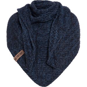 Knit Factory Sally Gebreide Omslagdoek - Driehoek Sjaal Dames - Dames sjaal - Wintersjaal - Stola - Wollen sjaal - Blauw gemêleerde sjaal - Jeans/Navy - 220x85 cm - Grof gebreid