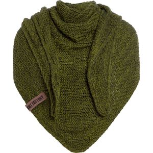 Knit Factory Sally Gebreide Omslagdoek - Driehoek Sjaal Dames - Dames sjaal - Wintersjaal - Stola - Wollen sjaal - Groen gemêleerde sjaal - Mosgroen/Khaki - 220x85 cm - Grof gebreid