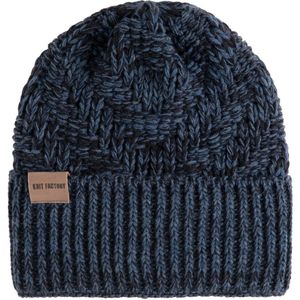 Knit Factory Sally Gebreide Muts Heren & Dames - Beanie hat - Jeans/Navy - Grofgebreid - Warme blauw gemeleerde Wintermuts - Unisex - One Size