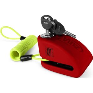 VINZ Pico Schijfremslot ART 4 Gekeurd met Alarm | Inclusief Tasje & Reminderkabel | Automatisch geactiveerd Alarm | Motorslot Remschijfslot ART 4 goedgekeurd voor de Verzekering | Rood