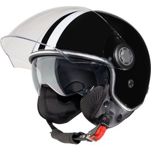 VINZ Parchi Scooterhelm met zonnevizier / Jethelm met streep / Brommer Helm / Motorhelm / Helm Scooter Retro / Snorfiets helm / Snorscooter helm - Geschikt Voor Helmplicht Blauw Kenteken - Zwart - XL