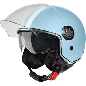 VINZ Parchi Scooterhelm met zonnevizier / Jethelm met streep / Helm voor Dames / Motorhelm / Helm Scooter Retro / Snorfiets helm / Snorscooter helm - Geschikt Voor Helmplicht Blauw Kenteken - Lichtblauw - XS