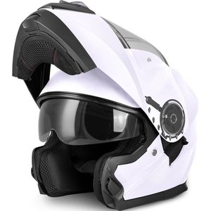 VINZ Santos Systeemhelm met Zonnevizier | Scooterhelm & Motorhelm & Brommerhelm | ECE 22.06 goedgekeurd | Lichtgewicht 1600 gram | Inclusief Opbergzak | Wit - XS