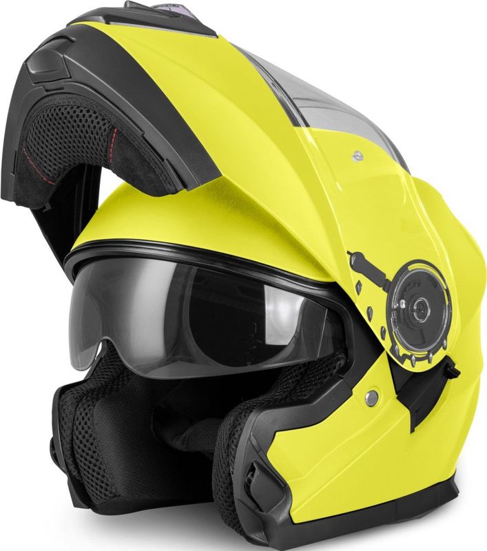 VINZ Santos Systeemhelm met Zonnevizier | Scooterhelm & Motorhelm & Brommerhelm | ECE 22.06 goedgekeurd | Lichtgewicht 1600 gram | Inclusief Opbergzak | Fluor Geel - S