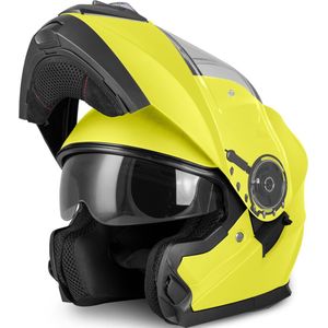 VINZ Santos Systeemhelm met Zonnevizier | Scooterhelm & Motorhelm & Brommerhelm | ECE 22.06 goedgekeurd | Lichtgewicht 1600 gram | Inclusief Opbergzak | Fluor Geel - XL
