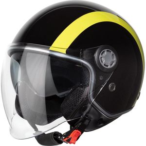 VINZ Jungbu Scooterhelm met zonnevizier / Jethelm met streep / Brommerhelm / Motorhelm / Helm Scooter Retro / Snorfiets helm / Snorscooter helm - Geschikt Voor Helmplicht Blauw Kenteken - Geel - L