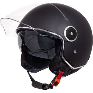 VINZ Tobia Jethelm met Zonnevizier | Scooterhelm & Motorhelm & Brommerhelm & Snorfietshelm | ECE 22.06 goedgekeurd | Lichtgewicht 1200 gram | Voor Heren & Dames | Inclusief Opbergzak | Mat Zwart - S