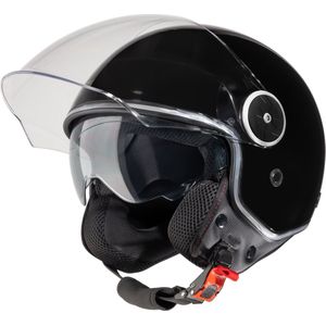 VINZ Tobia Jethelm met Zonnevizier | Scooterhelm & Motorhelm & Brommerhelm & Snorfietshelm | ECE 22.06 goedgekeurd | Lichtgewicht 1200 gram | Voor Heren & Dames | Inclusief Opbergzak | Zwart - L
