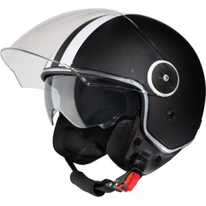 VINZ Arenas Jethelm met Zonnevizier en Strepen | Scooterhelm Retro & Motorhelm Retro & Brommerhelm & Snorfiets Helm | ECE 22.06 goedgekeurd | Lichtgewicht 1200 gram | Voor Heren & Dames | Inclusief Opbergzak | Mat Zwart - XL