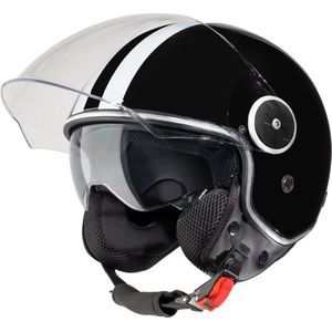 VINZ Arenas Jethelm met Zonnevizier en Strepen | Scooterhelm Retro & Motorhelm Retro & Brommerhelm & Snorfiets Helm | ECE 22.06 goedgekeurd | Lichtgewicht 1200 gram | Voor Heren & Dames | Inclusief Opbergzak | Zwart - L
