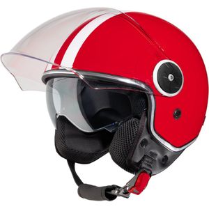 VINZ Arenas Jethelm met Zonnevizier en Strepen | Scooterhelm Retro & Motorhelm Retro & Brommerhelm & Snorfiets Helm | ECE 22.06 goedgekeurd | Lichtgewicht 1200 gram | Voor Heren & Dames | Inclusief Opbergzak | Rood - S