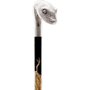 MadDeco - Slang - Hand beschilderde Beukenhouten wandelstok met zilver verguld handvat - Italiaans design