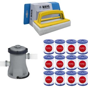 WAYS - Zwembad Onderhoud - Filterpomp 1249 L/h & 12 Filters Type I & WAYS Scrubborstel