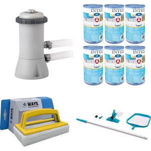 WAYS - Zwembad Onderhoud - Onderhoudsset & Filterpomp 2271 L/u & 6 Filters Type A & WAYS Scrubborstel