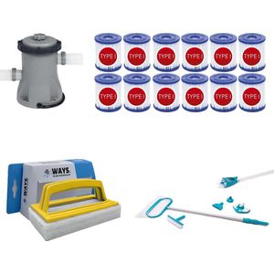 WAYS - Zwembad Onderhoud - Onderhoudsset Deluxe & Filterpomp 1249 L/h & 12 Filters Type I & WAYS Scrubborstel