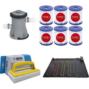 WAYS - Zwembad Onderhoud - Solarmat & Filterpomp 1249 L/h & 6 Filters Type I & WAYS Scrubborstel