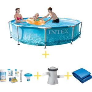 Zwembad - Metal Frame - Strandzijde - 305 x 76 cm - Inclusief WAYS Onderhoudspakket, Filterpomp & Grondzeil
