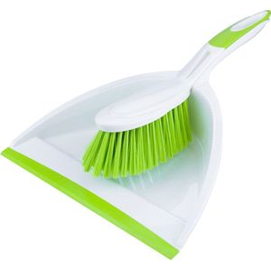 Kunststof stoffer en blik met lip en zachte borstel wit/groen 35 x 25 cm - Schoonmaakartikelen