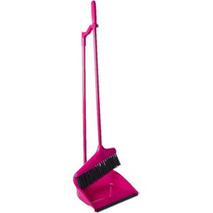 Gerimport Stoffer en blik met lange steel - 24 x 82 cm - roze - mariasetje - kunststof