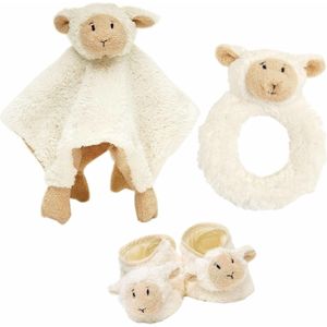Baby cadeau setje rammelaar, baby slofjes en tuttel doekje van Lammy het lammetje - Happy Horse knuffels