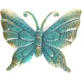 Tuindecoratie Muur/Wand Vlinders - 2x - metaal - turquoise/goud - 22 en 31 cm - wanddecoratie/tuinversiering