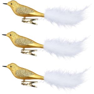 3x stuks decoratie vogels op clip goud 20 cm - Decoratievogeltjes/kerstboomversiering/bruiloftversiering