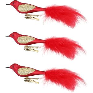 3x stuks decoratie vogels op clip rood 20 cm