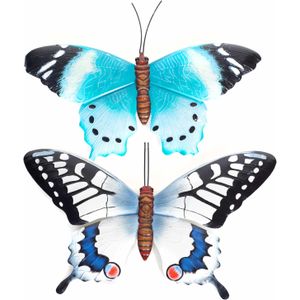 Set van 2x stuks tuindecoratie muur/wand/schutting vlinders van metaal in blauw en wit/blauw tinten 48 x 30 cm