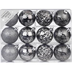 Kerstballen - Antraciet Mix - 12 Stuks - Onbreekbaar - Kunststof