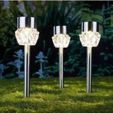 9x Buiten/tuin Led zilveren stekers Crystal solar verlichting 35 cm Rvs warm wit - Tuinverlichting lampen - Solarlampen