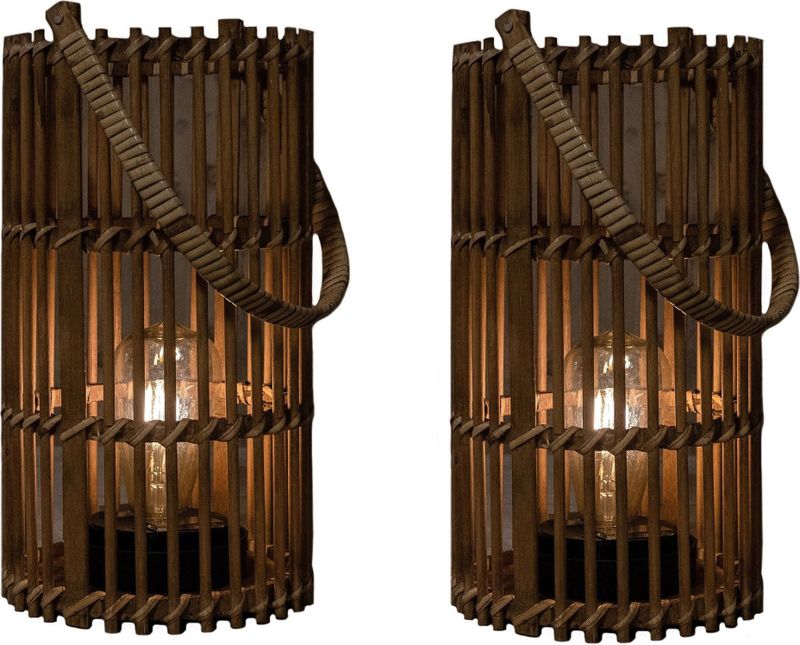 Anna's Collection Solar lantaarn - set 2x - voor buiten - D17 x H32 cm - bamboe hout - windlicht