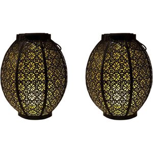 2x stuks zwart/gouden ronde solar lantaarns van metaal 23 cm - Tuinverlichting - Tuinlampen - Solarlampen