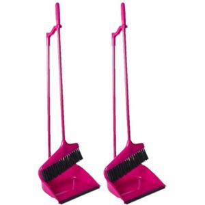 Set van 2x stuks kunststof stoffer en blik met lange steel 24 x 82 cm roze - Schoonmaakartikelen