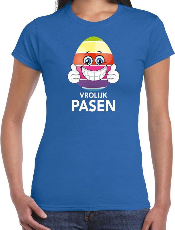 Paasei met duimen omhoog vrolijk Pasen t-shirt shirt - blauw - dames - Paas kleding outfit