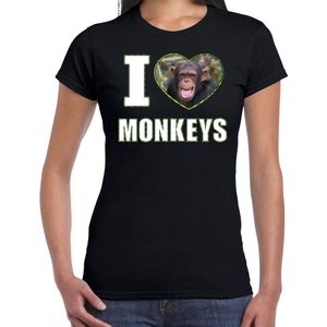 I love monkeys t-shirt met dieren foto van een Chimpansee aap zwart voor dames - cadeau shirt apen liefhebber L